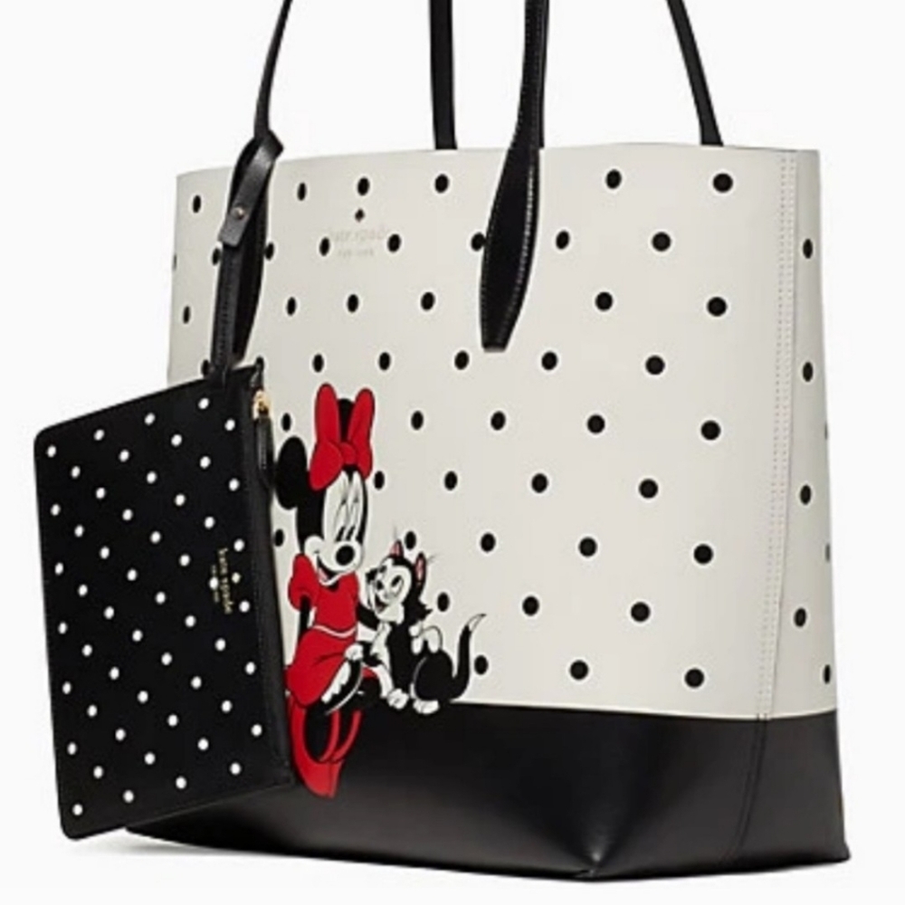 DisneyxKate Spade Minnie Mouse tote reversible black polka dot+matching wallet - Picture 11 of 17